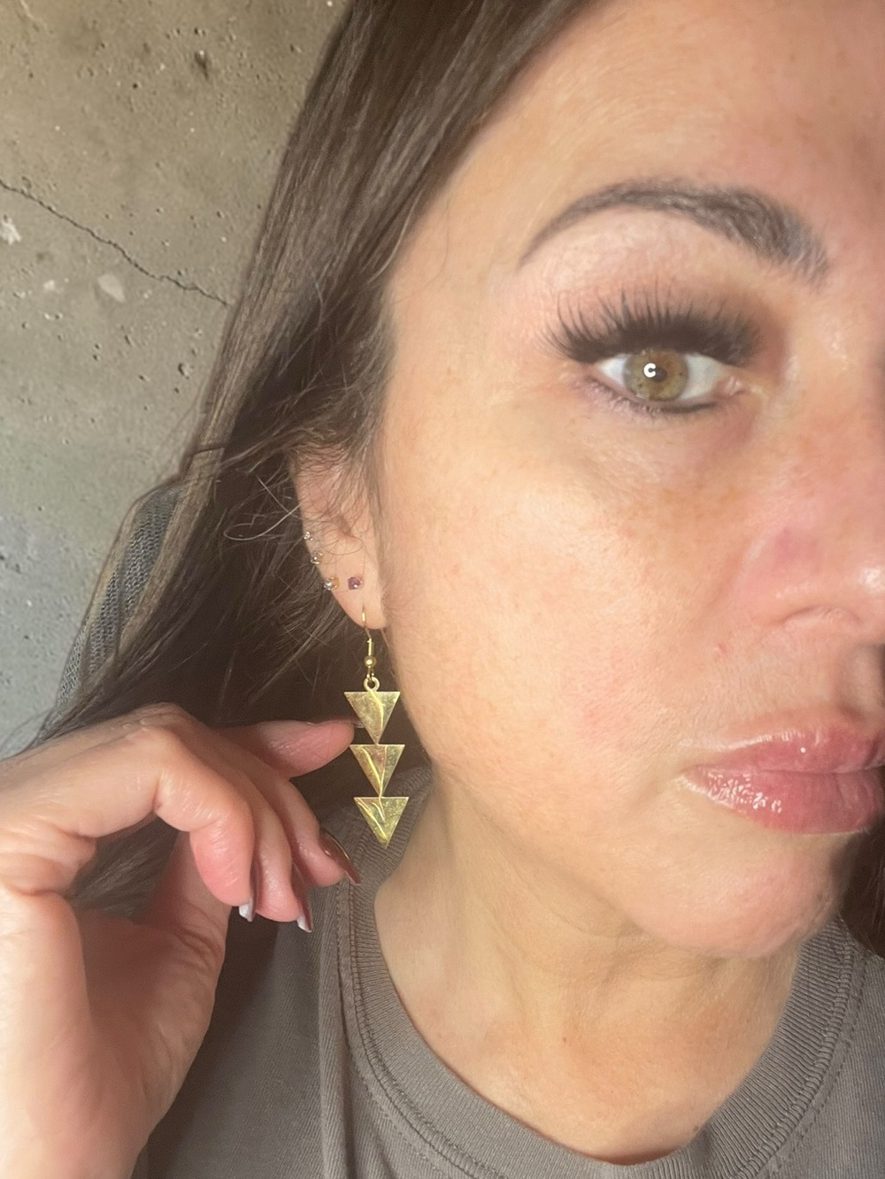 Bold Gold Tone Triple Tier Geometric Triangle Statement Dangle Earrings